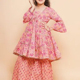Bitiya by Bhama Girls Floral Printed Pure Cotton Anarkali Kurta with Sharara-image-50