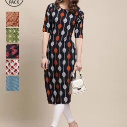 7Threads Women Pack Of 6 Printed Crepe Straight Kurta-image-74