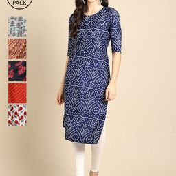 7Threads Pack Of 6 Women Blue & Red Ethnic Motifs Printed Crepe Kurta-image-104
