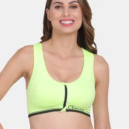 Amour Secret Green & Black Lightly Padded Anti Odour Front Zipper Open Sports Bra-image-3