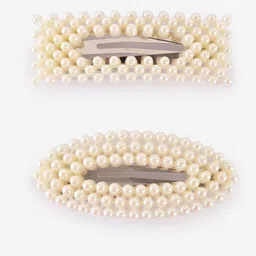 BuckleUp Women Off White Set of 2 Beaded Tic Tac Hair Clips-4