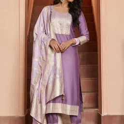 WOMEN PLUS Ethnic Motifs Yoke Design Mirror Work Kurta with Trousers & Dupatta-42