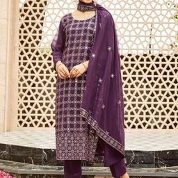WOMEN PLUS Ethnic Motifs Embroidered Sequinned Straight Kurta With Trousers & Dupatta-27