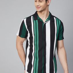 HERE&NOW Men Black & Green Striped Slim Fit Casual Shirt-image-82