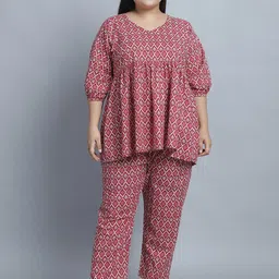 TAG 7 Plus Size Floral Printed V-Neck Pure Cotton Kurti & Pyjama-image-34