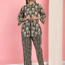 TAG 7 Floral Printed Mandarin Collar Flared Sleeves Pure Cotton Tunic & Trouser-image-89