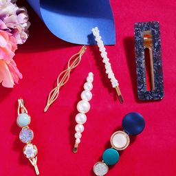 Yellow Chimes Women Gold-Toned & Navy Blue Set of 6 Embellished Bobby Pins-57