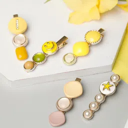 Priyaasi Women Rose Gold Plated Yellow & Pink Set of 5 Embellished Alligator Hair Clip-5
