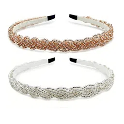 EL REGALO Women Set of 2 Grey & Gold Embellished Fabric Hairband-image-5