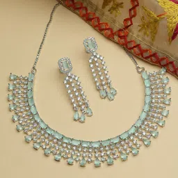 ZENEME Rhodium-Plated Sea Green American Diamonds-Studded Handcrafted Jewellery Set-19
