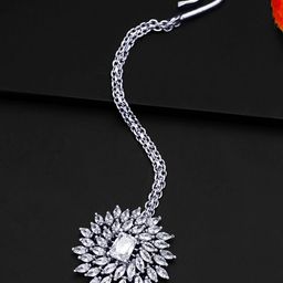 Yellow Chimes Women Silver-Plated American Diamond Studded Handcrafted Maang Tikka-37