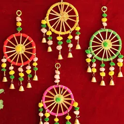 BS AMOR Red & Green 4 Pieces Chakri Shaped Wall Hangings with Bells-27