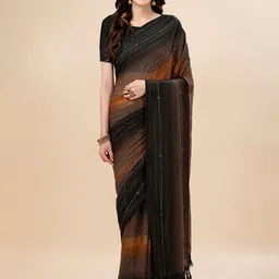 Mitera Brown & Black Striped Beads & Stone Work Pure Chiffon Saree-image-3