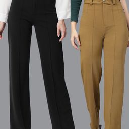 Kotty Women Pack Of 2 Straight Fit High-Rise Easy Wash Parallel Trousers-image-70