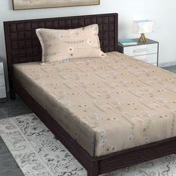 HOSTA HOMES Beige & White Floral Printed 280 TC Single Bedsheet With 1 Pillow Cover-image-64
