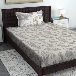 HOSTA HOMES Grey & Green Ethnic Motifs Printed 280 TC Single Bedsheet With 1 Pillow Cover-image-91