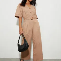 DOROTHY PERKINS Beige Solid Cotton Basic Jumpsuit With Belt-picture-11