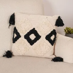 Art Avenue Carnibelle Cream-Coloured & Black Self Design Cotton Square Cushion Cover-image-86