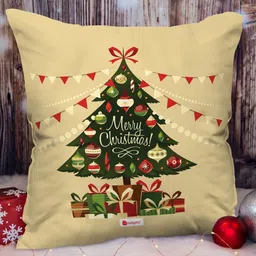 Indigifts Beige & Green Christmas Tree Printed Cushion cover With Filler-image-83