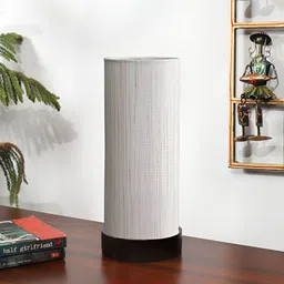 Devansh Off White Textured Wooden Contemporary Cylindrical Shaped Table Lamp-7
