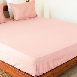 HOMEMONDE Pink Striped Cotton Fitted 300 TC King Bedsheet With 2 Pillow Covers-image-31