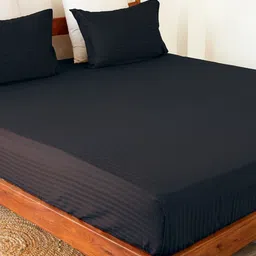 HOMEMONDE Navy Blue Striped Pure Cotton 300 TC Fitted Queen Bedsheet with 2 Pillow Covers-image-54