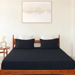 HOMEMONDE Blue Striped Cotton 300 TC Fitted Queen Bedsheet with 2 Pillow Covers-image-92