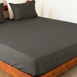 HOMEMONDE Grey Striped Cotton Fitted 300 TC King Bedsheet With 2 Pillow Covers-image-7