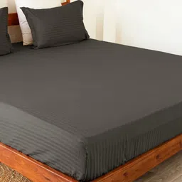 HOMEMONDE Grey Striped Cotton Fitted 300 TC King Bedsheet With 2 Pillow Covers-image-97