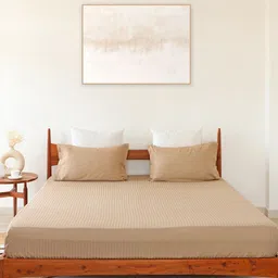 HOMEMONDE Taupe Striped Cotton 300 TC Fitted Queen Bedsheet with 2 Pillow Covers-image-94