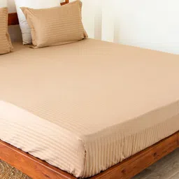 HOMEMONDE Taupe Striped Cotton Fitted 300 TC King Bedsheet With 2 Pillow Covers-image-79