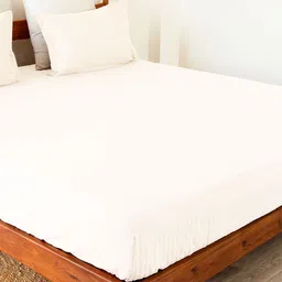 HOMEMONDE White Striped Cotton Fitted 300 TC King Bedsheet With 2 Pillow Covers-image-82