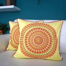 TARA- Sparkling Homes Yellow & Red 2 Pieces Cotton Silk Embroidered Square Cushion Covers-image-51