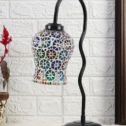 Devansh White & Blue Mosaic Printed Glass Zig Zag Curvy Iron Metal Table Lamp-picture-57