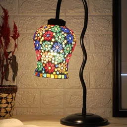 Devansh Black & White Printed Zig Zag Curvy Table Lamp With Mosaic Glass Lamp Shade-11