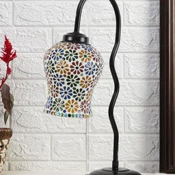 Devansh Black & White Printed Zig Zag Curvy  Table Lamp With Mosaic Glass Lamp Shade-7