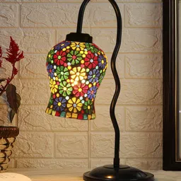 Devansh White & Yellow Mosaic Printed Glass Zig Zag Curvy Iron Metal Table Lamp-picture-32