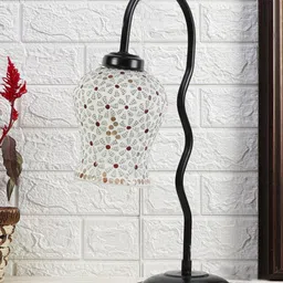 Devansh Black & White Printed Zig Zag Curvy Table Lamp With Mosaic Glass Lamp Shade-10
