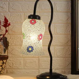 Devansh White & Red Mosaic Printed Glass Zig Zag Curvy Iron Metal Table Lamp-44