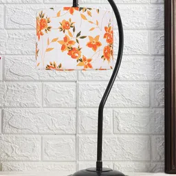 Devansh White & Black Printed Cotton Curvy Table Lamp With Iron Base-0
