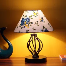 Devansh White & Blue Printed Cotton Table Lamp With Iron Base-47