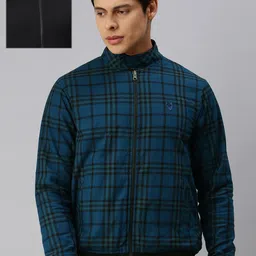 Roadster Men Blue & Black Checked Reversible Bomber Jacket-16