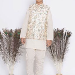Little Bansi Boys Striped Kantha Work Pure Cotton Kurta with Pyjamas & Jacket-picture-57