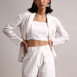 ZACCAI Embroidered Pure Cotton Square Neck Top With Schiffli Jacket & Shorts Co-Ords-image-39