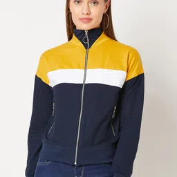 Miss Chase Colourblocked Stand Collar Pure Cotton Bomber Jacket-57