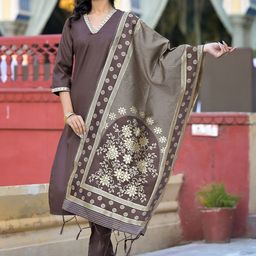 Vishudh Brown & Gold Toned V Neck Regular Kurta with Trousers & With Dupatta-picture-55