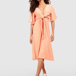 Boohoo Tie-Up Detail Flutter Sleeve A-Line Midi Dress-10