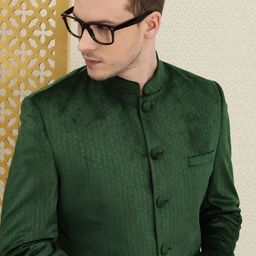 House of Pataudi Men Green Self-Design Velvet Bandhgala Party Blazer-image-36