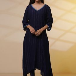 AURELIA Striped V-Neck Asymmetric Regular A-Line Kurta With Jegging-11