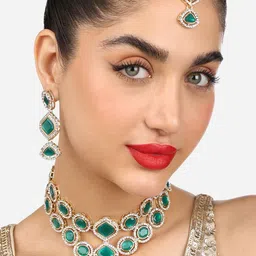 Zaveri Pearls Gold-Plated Austrian Diamonds Stone-studded Jewellery Set-image-11